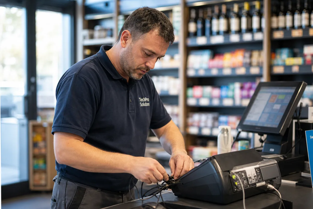 Technicien installateur de caisse enregistreuse en intervention